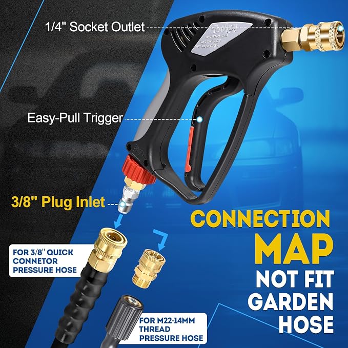 TOOLCY Pro Short Pressure Washer Gun 5000 PSI with 360° Swivel,3/8" Quick Connect Inlet, Power Washer Gun with 1/4" Quick Connect Outlet, Includes 3/8" QC to M22-14mm Adapter & 5 Nozzle Tips