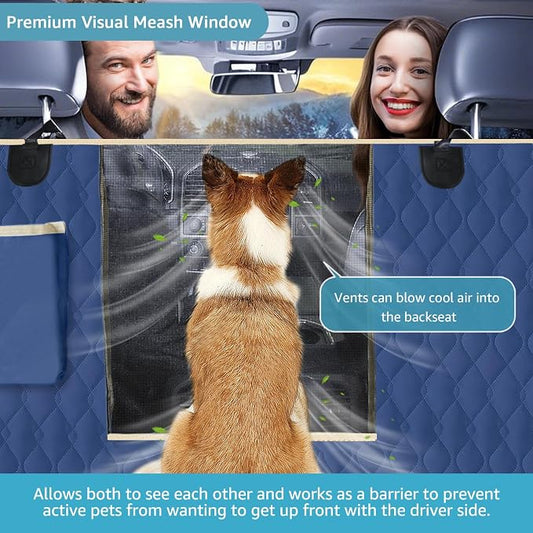 Lassie Dog Car Seat Covers for Back Seat with 2 Seat Belts, Waterproof Dog Car Hammock with Mesh Window Durable Scratch Proof Nonslip Pet Carseat Covers Universal Fit Protector for Cars, Trucks & SUVs