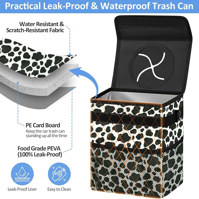 ELONGRIVER Car Trash Can Bin for Back Seat Leak Proof, Cute Car Trash Bag Hanging, Vehicle Trash Can for SUV Truck Van, Automotive Garbage Cans Front Seat Cow Print