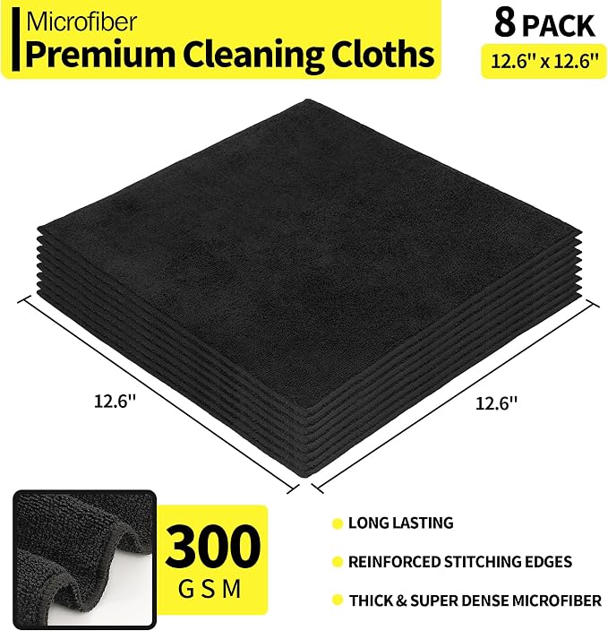 Microfiber Cleaning Cloth, Premium 8 Pack Cleaning Towels, Lint-Free & Streak-Free Ultra Absorbent, 300GSM Reusable Microfiber Towel for Cars Shop Garage Home and Kitchen, 12.6" x 12.6"