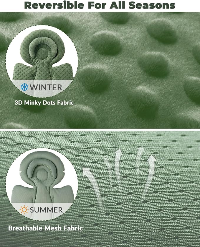 TinlyFinly Infant Car Seat Insert with Extra Cushion for Preemie to Toddler, Reversible Newborn Carseat Insert for Baby Head Body Support, Fits for Stroller, Baby Swing, Bouncer - Dots, Dark Green