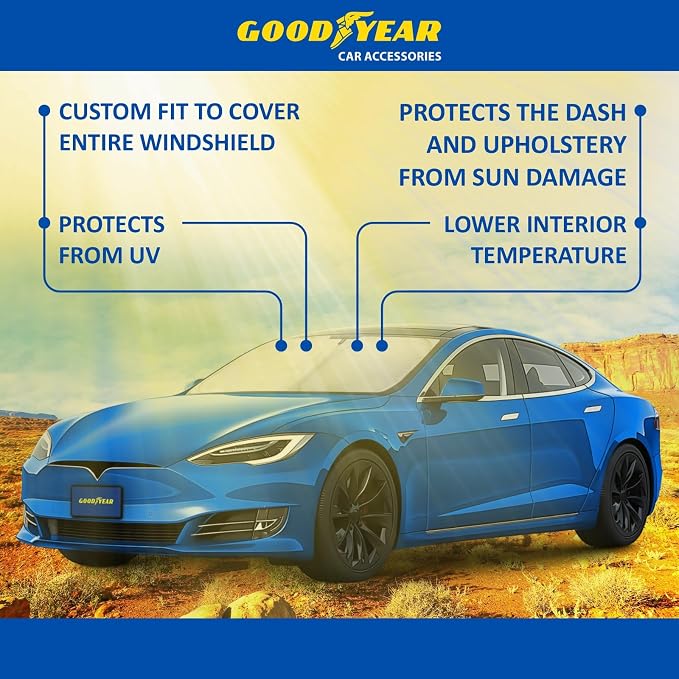 Goodyear Foldable Windshield Sunshade for Tesla S 2016-2026, Car Accessories, Sunshade Cover, Sun Shade Car Windshield, Window Sun Blocker - GY008287