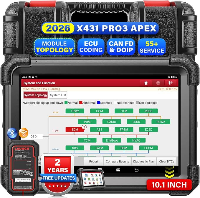Launch X431 PRO3 APEX OBD2 Scanner 2026 Upgraded Screen, Wireless Diagnostic Scan Tool with DBScar VII, OEM Topology Mapping, ECU Code, CANFD DoIP, 55+ Services, AutoAuth FCA SGW,10.1 Inch