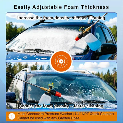 Adjustable Foam Cannon – 1/4 Inch Quick Connect, 1L (34 oz) Bottle, 5 Spray Nozzle Tips for Car Wash