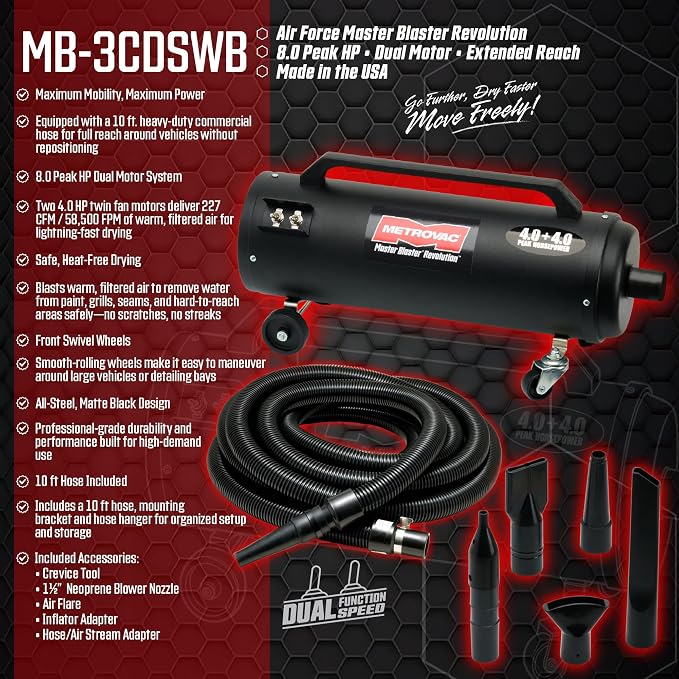 MetroVac MB-3CDSWB Air Force Master Blaster, Car & Motorcycle Vacuum Cleaner, Dryer w/ Accessories, Powerful Air Duster, Car Cleaner, Wall Bracket