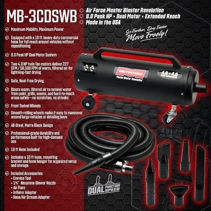 MetroVac MB-3CDSWB Air Force Master Blaster, Car & Motorcycle Vacuum Cleaner, Dryer w/ Accessories, Powerful Air Duster, Car Cleaner, Wall Bracket