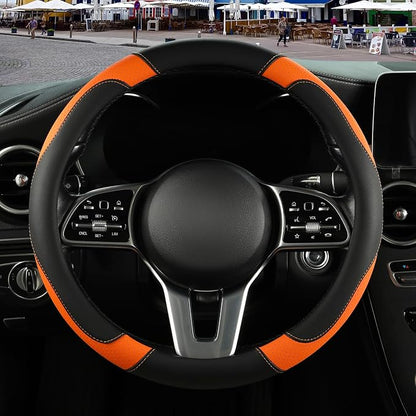 Microfiber Leather Steering Wheel Cover, Breathable, Anti Slip, 13.5 inch to 14 inch, Black with Orange