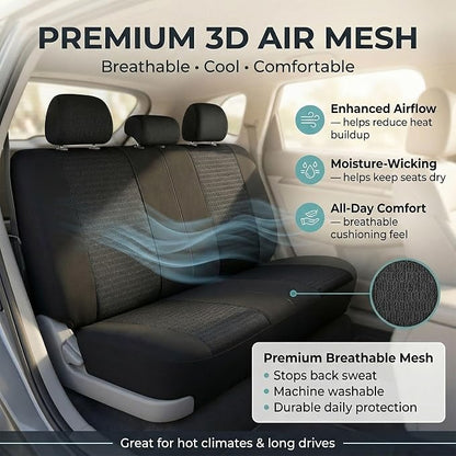 FH Group Universal Car Seat Covers Rear Set for SUV Truck Sedan Vans | 3D Textured Breathable Fabric Seat Cover Set with Airbag Compatible Split Bench Protector Interior Upgrade - Black