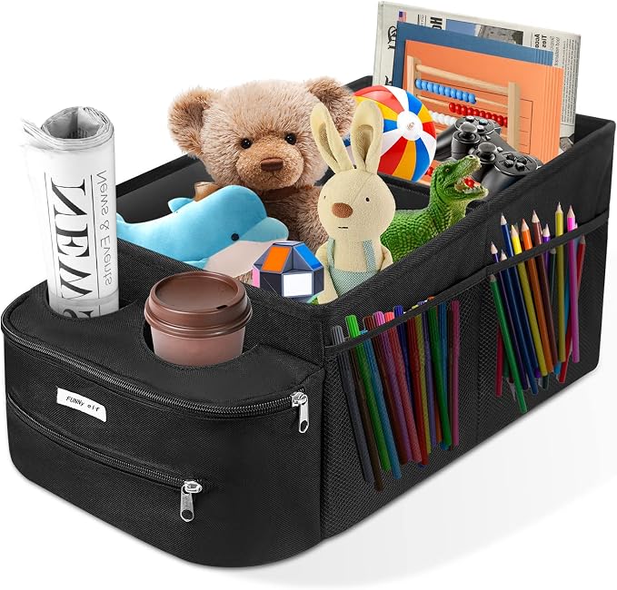 FUNNy elf Passenger Seat Organizer, Collapsible Car Storage with Partitions & 4 Cup Holders for Front or Back Seat