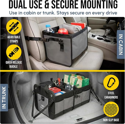 3-Section Modular Trunk Organizer XL – Car Storage for Groceries, Cleaning Supplies, Tools, Sports Gear – Foldable L-Shape Cargo Bin – Gray