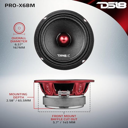 DS18 PRO-X6BM Loudspeaker - 6.5", Midrange, Red Aluminum Bullet, 500W Max, 250W RMS, 8 Ohms - Premium Quality Audio Door Speakers for Car or Truck Stereo Sound System (1 Speaker)
