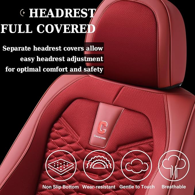 Coverado Car Seat Covers Full Set, Red Seat Covers for Cars 5 Seats, Breathable Fabric& Faux Leather Car Seat Cushions, Front and Rear Car Seat Protectors, Universal Seat Covers Fit for Most Vehicles