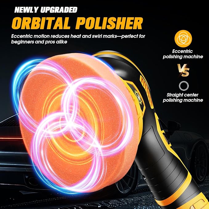 Cordless Car Buffer Polisher kit [2x 2000mAh 21V Batteries & 18 PCS Attachments] 6-Speed Orbital Design, LED Display, Lightweight Detailing Tool for Waxing, Polishing & Scratch Removal-Yellow