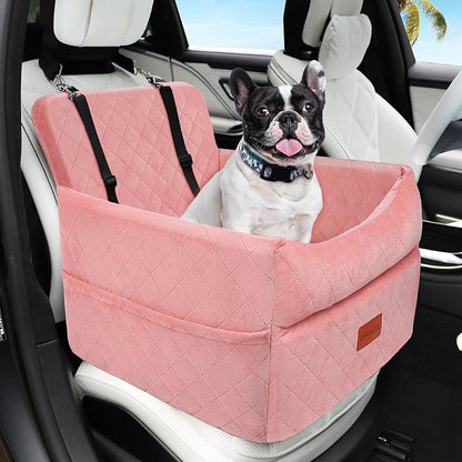 HEGGCOOE Dog Car Seat for Small Medium Dogs, Memory Foam Puppy Dog Booster Seat with Thick Cushion for Dogs Under 35lbs, Detachable Washable Pet Car Seat Travel Bed with Storage Pockets,2 Safety Belts