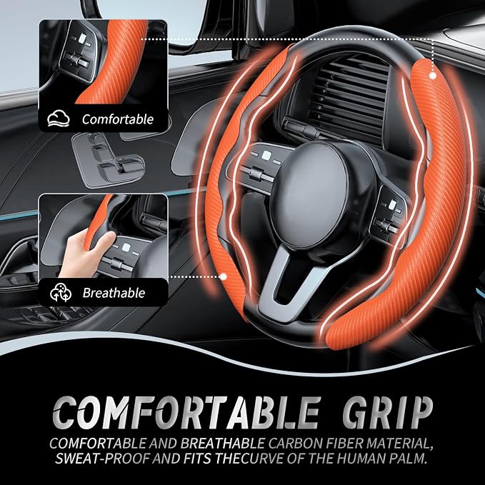 WOCOCN 2pcs Car Steering Wheel Cover,Anti-Skid Carbon Fiber Steering Wheel Protector for Men Women,Multiple Color Options,Universal for Most Car Interiors Accessories (Orange)
