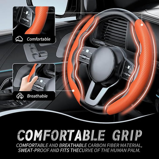 WOCOCN 2pcs Car Steering Wheel Cover,Anti-Skid Carbon Fiber Steering Wheel Protector for Men Women,Multiple Color Options,Universal for Most Car Interiors Accessories (Orange)