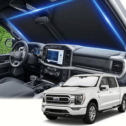 Windshield Sun Shade for Ford F150 2015-2024 2025 2026 Front Window Shade Custom Fit F-150 F150 F250 F350 F450 Accessories Sun Visor Foldable Shade Blocks UV Rays Summer Must Have Car Accessories
