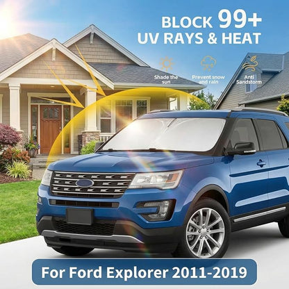 for Ford Explorer 2011-2019 Windshield Sun Shade Front Window Shade Custom Fit Explorer Accessories Sun Visor Foldable Shade Blocks UV Rays Summer Must Have Car Accessories