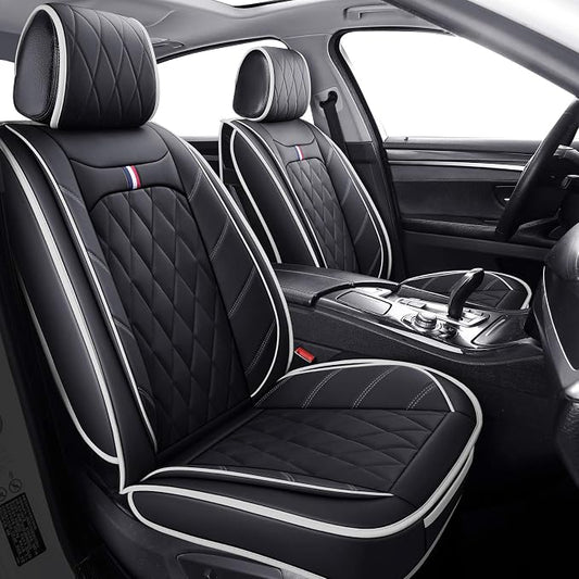 2 Front Drive Seat Covers Waterproof Faux Leather Universal Compatible with Honda Hyundai Elantra Toyota Tacoma Sentra Xterra Frontier Ford Escape Ranger Prius Acura(2 PCS Front, Black-White)