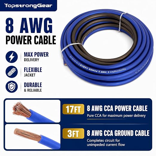 TOPSTRONGGEAR 8 Gauge Amp Kit CCA Car Audio Amplifier Wiring Kit with RCA Cables, 60A Fuse, 20ft Power Cable – 8 AWG Complete Amplifier Subwoofer Installation Kit for Car, Truck, Marine Stereo Systems