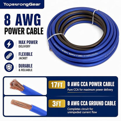 TOPSTRONGGEAR 8 Gauge Amp Kit CCA Car Audio Amplifier Wiring Kit with RCA Cables, 60A Fuse, 20ft Power Cable – 8 AWG Complete Amplifier Subwoofer Installation Kit for Car, Truck, Marine Stereo Systems