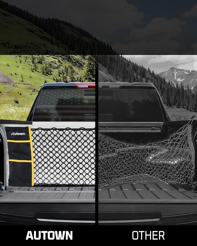 AUTOWN Truck Bed Cargo Net, Envelope Bed Netting for 2013-2025 GMC Sierra & Chevy Silverado, Pickup Truck Bed Organizer with 5mm Bungee & Integrated Storage Bag & Bungee Balls & Carabiners - 18" x 50"