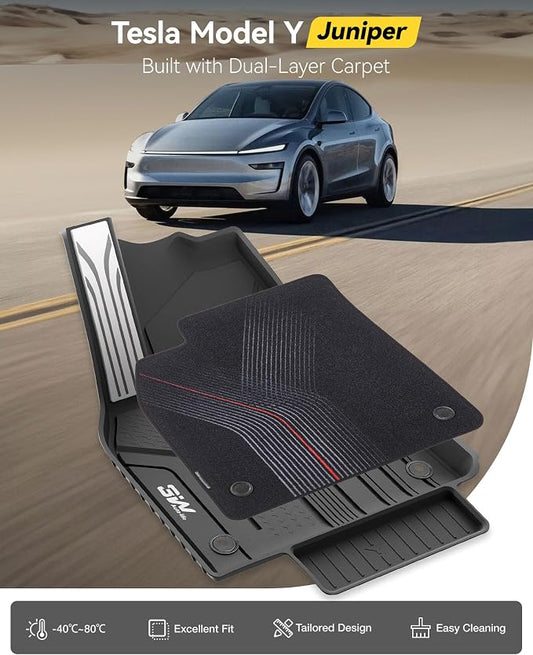 3W Star Trails Carpets for Tesla Model Y Juniper 2025 2026 Metal Pedal Floor Mats & Cargo Liner Backrest Mats Full Set Double Layer TPE All Weather Custom Fit Model Y Accessories Premium/Performance