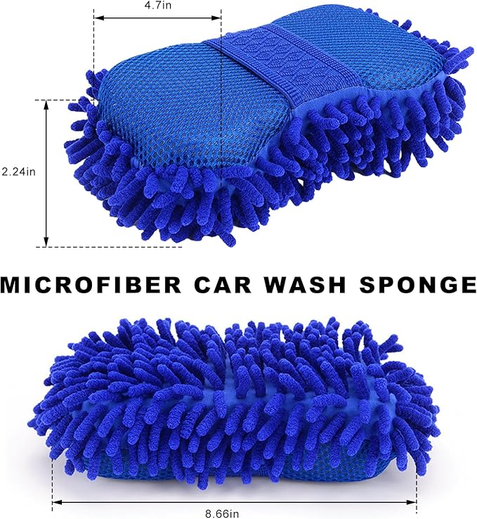 Microfiber Car Wash Sponge, Scratch-Free Vehicle Washing Mitt with Chenille & Mesh Sides, Highly Absorbent Sponge Lint-Free Cleaning Tool for Car Washing & Detailing (Blue)
