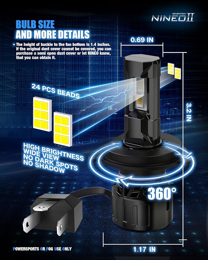 NINEO H4 Bulbs, 9003 Fog Lights, [2025 Upgrade] 600% Brighter 6500K White, Fan-Cooled, No Flicker, Plug & Play, Off Road or Fog Light, 2 Pack