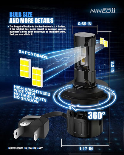 NINEO H4 Bulbs, 9003 Fog Lights, [2025 Upgrade] 600% Brighter 6500K White, Fan-Cooled, No Flicker, Plug & Play, Off Road or Fog Light, 2 Pack