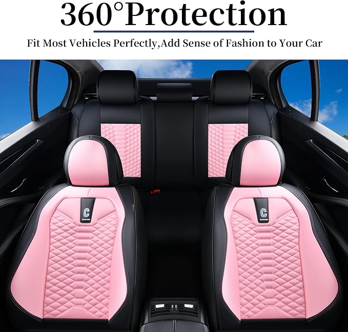 Coverado Car Seat Covers Full Set, 5 Seats Universal Seat Covers for Cars, Breathable Fabric& Faux Leather Auto Seat Cushions, Front and Rear Seat Protectors Fit for Most Sedans SUV Truck, Pink
