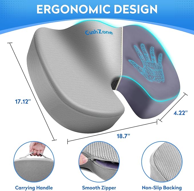 XXL Seat Cushion Office Car Seat Cushion, Memory Foam Cushion for Office Chair, Car Seat, Airplane, Bleacher Non-Slip Chair Pad (Light Grey
