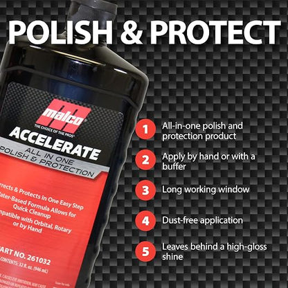 Malco Accelerate All-in-One Polish & Protection - One-Step Car Polishing Compound Designed to Remove Light to Medium Paint Defects/Deep Glossy Finish with 90-Day Protection (261032)