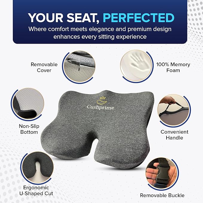 Memory Foam Seat Cushion for Chair, Tailbone Pain Relief, Ergonomic Support for Coccyx, Back & Butt, Office & Car Ergonomic Chair Cushion with Non-Slip Base and Washable Cover, Dark Gray