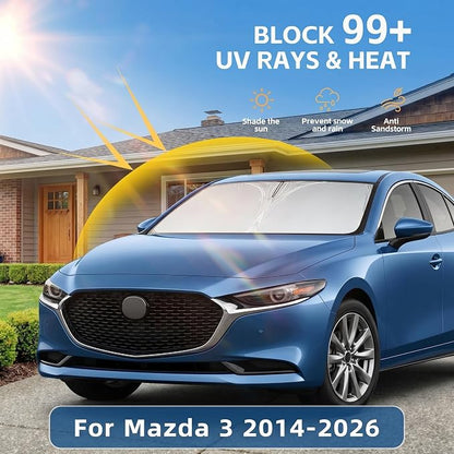 for Mazda 3 Windshield Sun Shade 2014-2026, Front Window Shade Custom Fit Mazda3 Accessories Sun Visor Foldable Shade Blocks UV Rays Summer Must Have Car Accessories