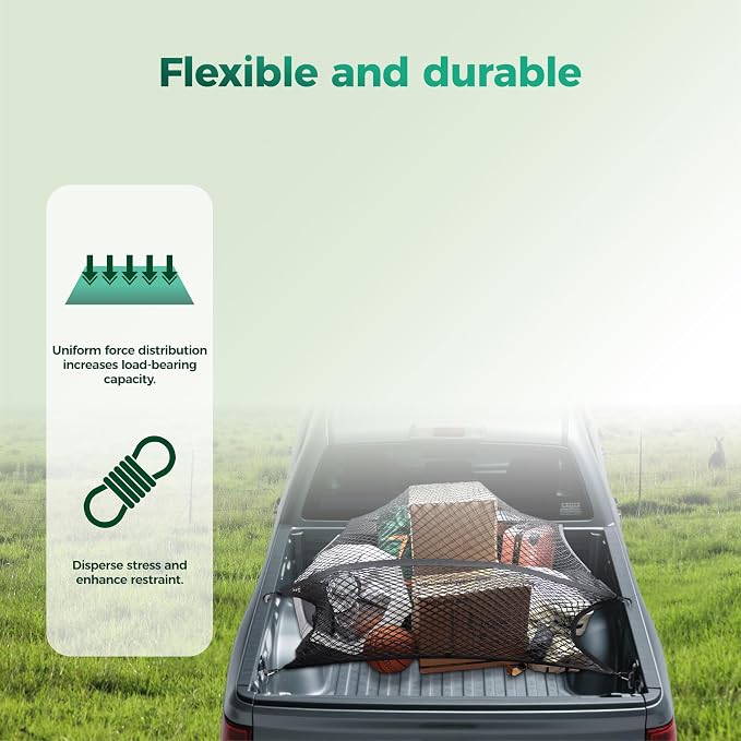 Stretchable Cargo Net(4'x4' Stretches to 8'x8') - Adjustable Elastic Trunk & Truck Bed Storage Organizer with Hook, Ideal for Securing Daily Light Loads