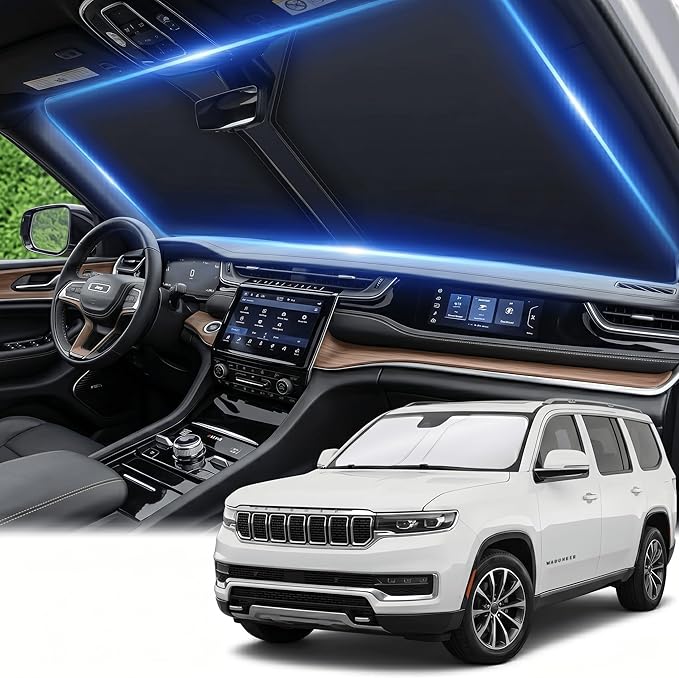Windshield Sun Shade for Jeep Wagoneer 2022-2024 Sunshade Front Window Shade Custom Fit Wagoneer Accessories Sun Visor Foldable Shade Blocks UV Rays Accessories