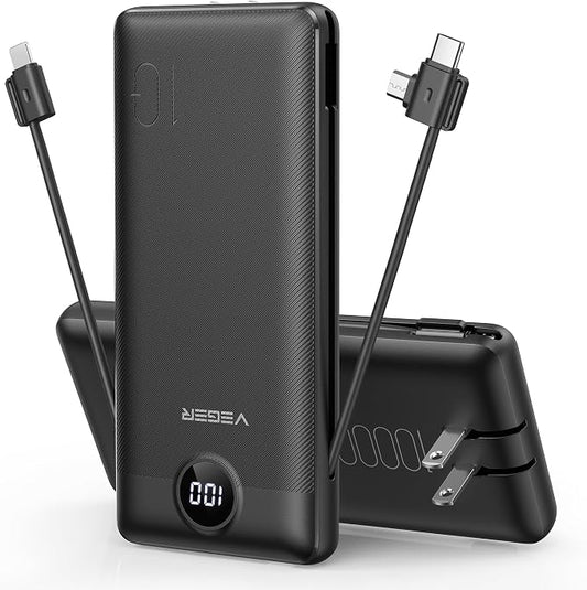 VEGER Portable Charger Power Bank with Built-in AC Plug and Cables, All in One 10000mAh Ultra Slim Travel Essentials, Fast Charging Battery Pack Compatible with iPhone, Samsung, Android, Black