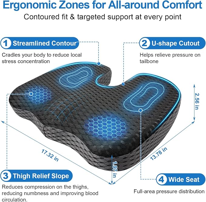 Car Seat Cushion for Driving Comfort & Support - Premium Memory Foam Seat Pad with Breathable Washable Cover, Non-Slip Bottom, Road Trip Essentials for Car Seats