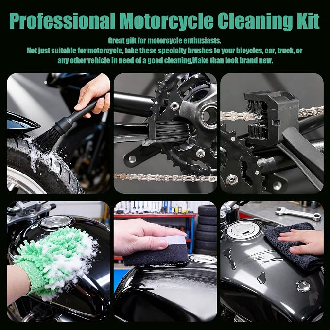 13PCS Motorcycle Cleaning Kit, Motorcycle Detailing Kit Overall Cleaner Tools Car Washing Brush Rims Cleaning Kit Chain Tire Wheel Brush Set Chain Tire for Car Bike Motorbike (Green)