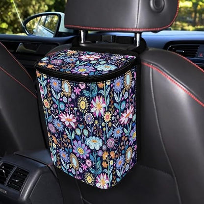 Abstract Hippie Flower Print Trash Can for Car Leakproof Garbage with Lid and Zipper Trash Bin Hanging Back of Seat Auto Interior Accessories Universal Fit Most Truck SUV Van