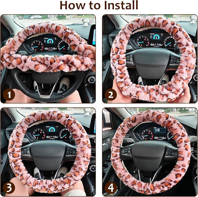 Accmor Fuzzy Steering Wheel Cover, Universal Fit Fur Car Wheel Cover & Handbrake Cover & Gear Shift Cover Set for Women Girls, Leopard Winter Warm Fluffy Vehicle Wheel Protector for Auto, SUV (Pink)
