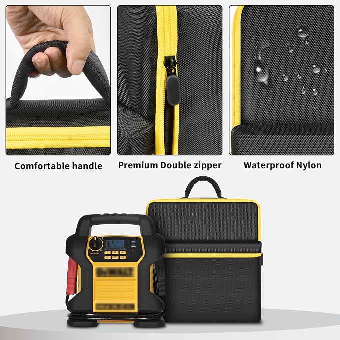 Car Jumper Starter Storage Bag Compatible with DEWALT DXAEJ14 Digital Portable Power Station Air Compressor, Carrying Case Holder Container (Black with Yellow Zipper Case Only)