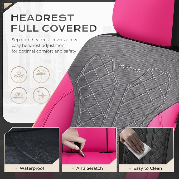 Coverado Car Seat Covers Full Set, Leather Seat Covers, Rose Automotive Protectors 5-Seat, Luxury Universal Fit Seat Covers for SUV, Truck, Sedan and Most Vehicles All-Weather