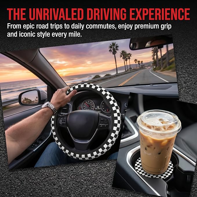 Black and White Checkered Steering Wheel Cover Universal 14.5-15 Inch Anti-Slip Breathable with 2 Pieces Car Coasters for Men Women Checkered Car Accessories Decorate