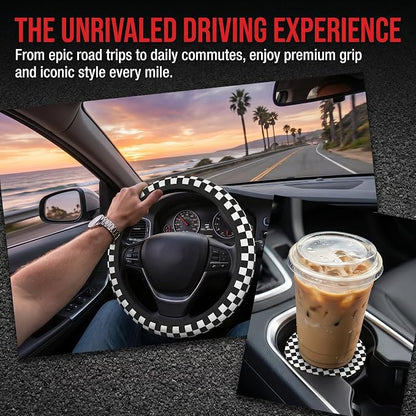 Black and White Checkered Steering Wheel Cover Universal 14.5-15 Inch Anti-Slip Breathable with 2 Pieces Car Coasters for Men Women Checkered Car Accessories Decorate