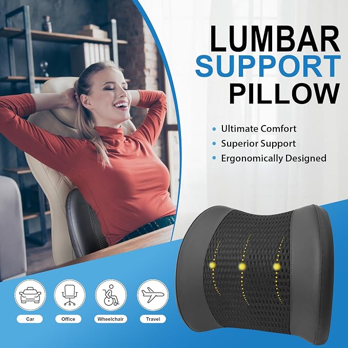 Lofty Aim Memory Foam Lumbar Support Cushion Relieves Lower Back Pain Car Seat Office Chair and Wheelchair Back Pillow with Breathable 4D Mesh Black