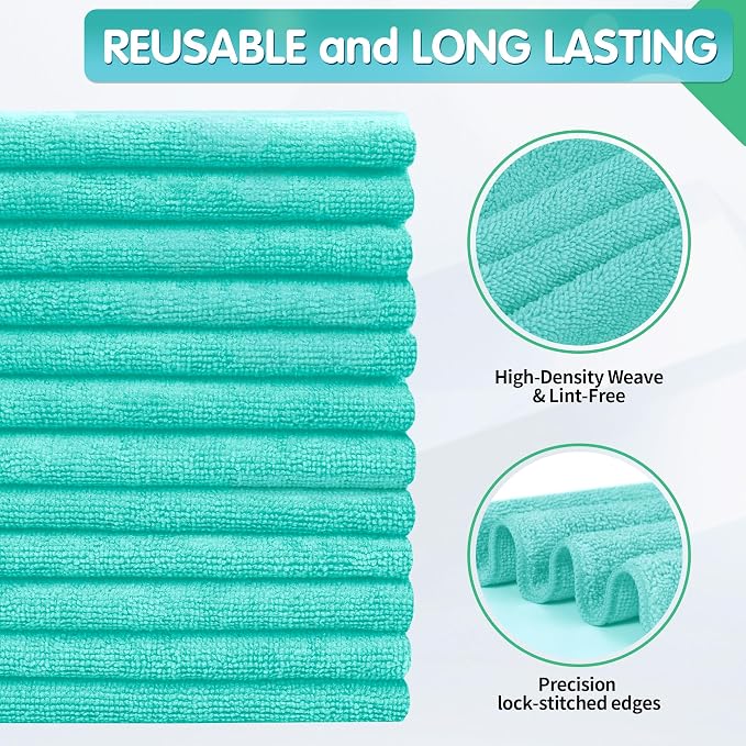 FIXSMITH Turquoise Microfiber Cleaning Cloth -Pack of 12, Highly Absorbent Cleaning Rags, 16"X12" All Purpose Cleaning Towels for Housekeeping, Kitchen, Car, Lint Free and Reusable Microfiber Towels