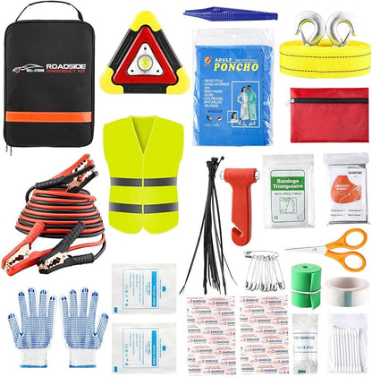 Car Roadside Emergency Kit with Reflective Warning Triangle, Assistance Kit with 13 FT Jumper Cable for Men or Women Black