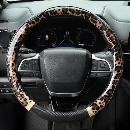 KAFEEK Light Brown Leopard Steering Wheel Cover, 15 inch Carbon Fiber Texture, Coffee Cheetah Pattern, Non-Slip Microfiber Leather, Universal Fit for SUV Sedan
